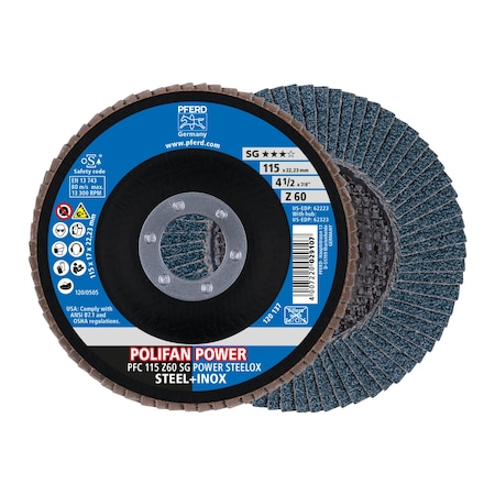 4-1/2 X 7/8 A.H. POLIFAN® Flap Disc - Z SG POWER STEELOX, Zirconia, 60 Grit, Conical